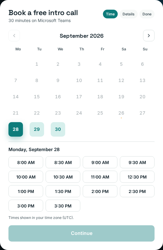 CodeS07 online booking form with a date picker and available time slots